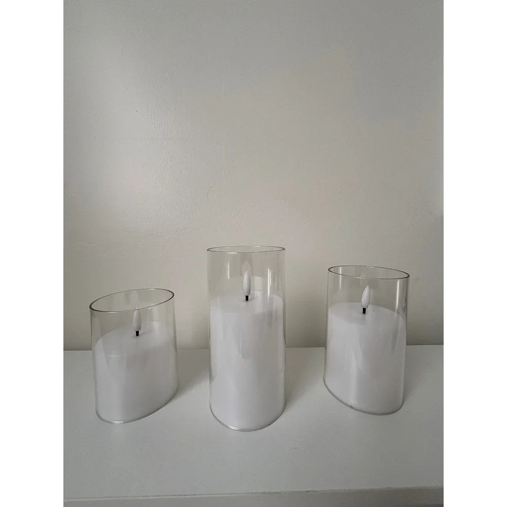 Set of 3 White Flameless LED Pillar Candles in Glass Cylinders Model 880